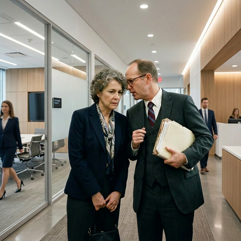 Confidential discussion in courthouse hallway