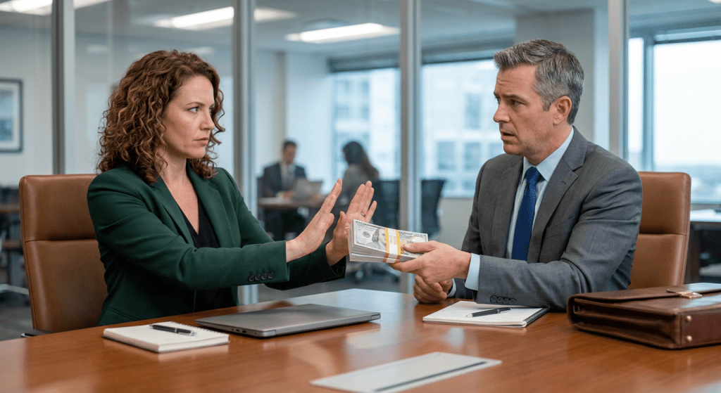 Woman in business attire rejecting stack of cash offered by businessman